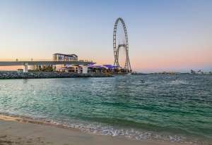 yacht route from Dubai Marina passing Bluewaters Island and Ain Dubai.
