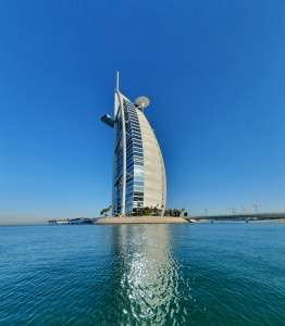 Iconic Burj Al Arab along the best yacht routes from Dubai Marina.